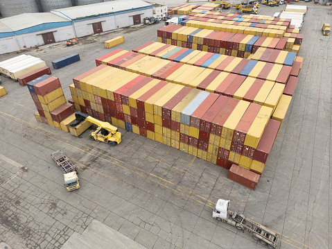 containers stacked aerial view on port.Container termial.