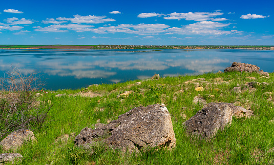 Natural spring landscape of the steppe on the shore of the Khadzhibey estuary, southern Ukraine
