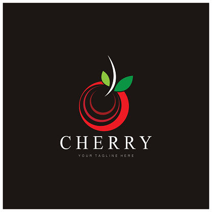 Fresh cherry fruit logo with minimalist leaf line art style. for fruit shop, cherry farm, cake, business,