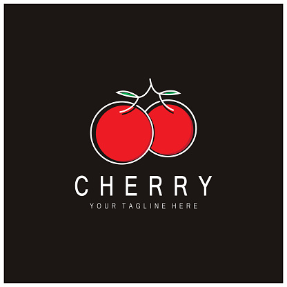 Fresh cherry fruit logo with minimalist leaf line art style. for fruit shop, cherry farm, cake, business,