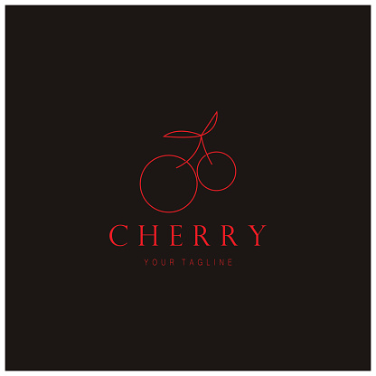 Fresh cherry fruit logo with minimalist leaf line art style. for fruit shop, cherry farm, cake, business,