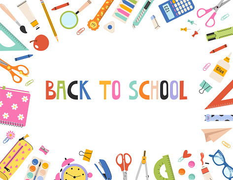 Back to school banner with cute cartoon school stationery. Suitable for seasonal discounts and sales, invitation, banner, poster, web. Hand drawn vector flat illustration.