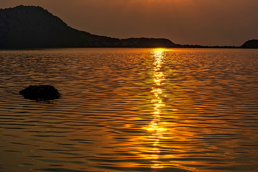 Sunset at the gialova lagoon. The gialova lagoon is one of the most important wetlands in Europe. Greece.