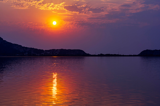 Sunset at the gialova lagoon. The gialova lagoon is one of the most important wetlands in Europe. Greece.