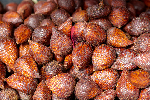 In a close-up view, fresh tropical sweet Snake Fruits from Malaysia are showcased at a farmer's market, inviting a closer look at their unique and vibrant appearance.