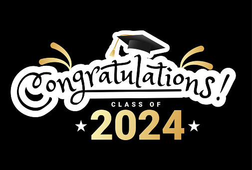 Congratulations graduates class of 2024 typography design. Graduation ceremony vector illustration with academic cap, stars and fireworks. Flat style grad ceremony design for banner, greeting card etc