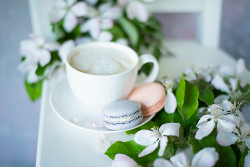 Coffee and macaroons among delicate white flowers apple tree. Delicate morning coffee with a wonderful spring-summer mood. Soft selective artistic focus.