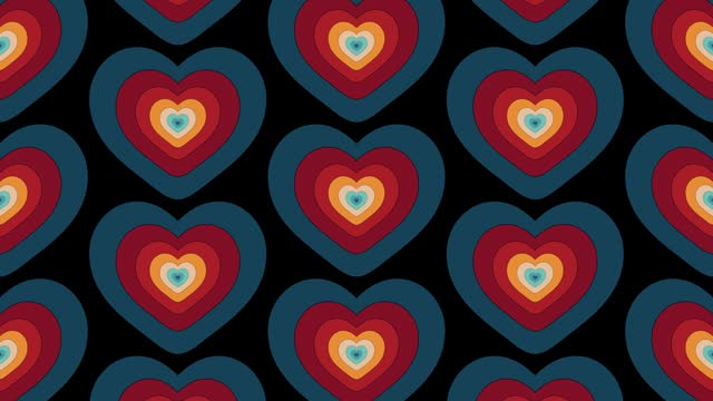 Vintage Striped animation of looped  psychedelic concentric colored hearts with cartoon style. Backgrounds, Posters, Banner Samples, Retro Colors from the 1970s 1980s, 70s, 80s, 90s. retro vintage 70s