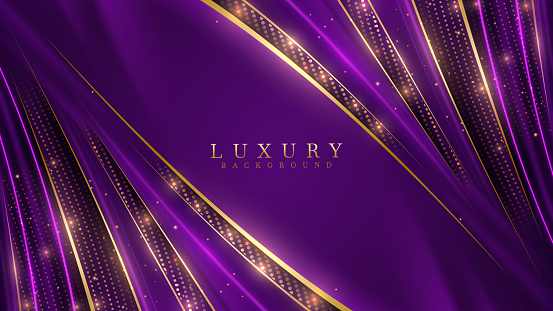 Purple background with vibrant violet neon light effects, Golden curves and bokeh. Luxury modern scene. Vector illustration.