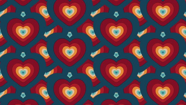 Vintage Striped animation of looped  psychedelic concentric colored hearts with cartoon style. Backgrounds, Posters, Banner Samples, Retro Colors from the 1970s 1980s, 70s, 80s, 90s. retro vintage 70s