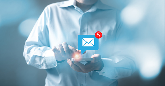 Business people touch on email in virtual screen. Inbox receiving electronic message alert. New email notification concept for business e-mail communication and digital marketing. campaign online.