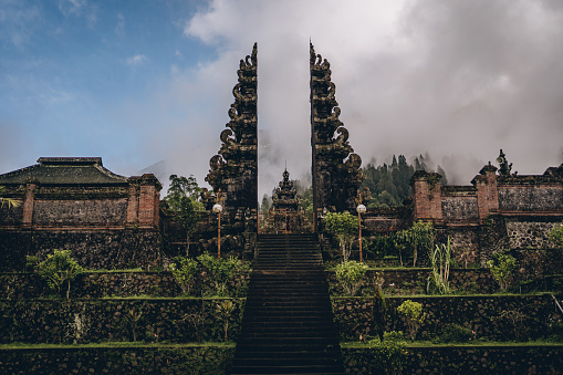 Landscape view of Pura Lempuyang with cloudy sky. Gates of heaven in Bali, balinese architecture building