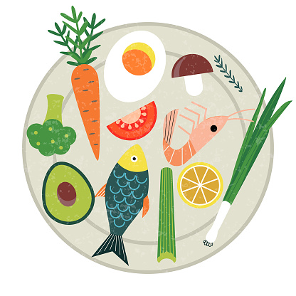 Vector illustration of a plate with healthy food and products, ketogenic diet, keto, high-fat, low-carb, fiber. Hormonal balance, wellness, longevity, seafood and vegetable: fish, shrimps, avocado