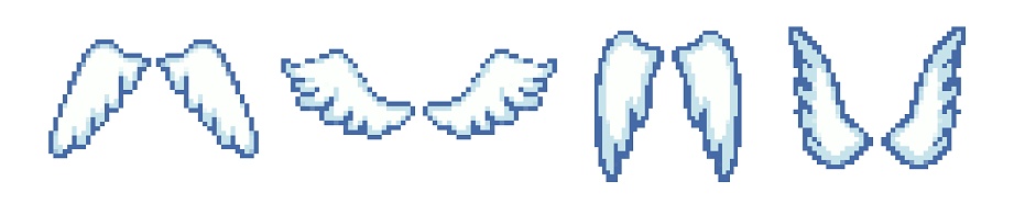 8 bit angel wings retro icon set. Pixel old game cartoon angel wings vector