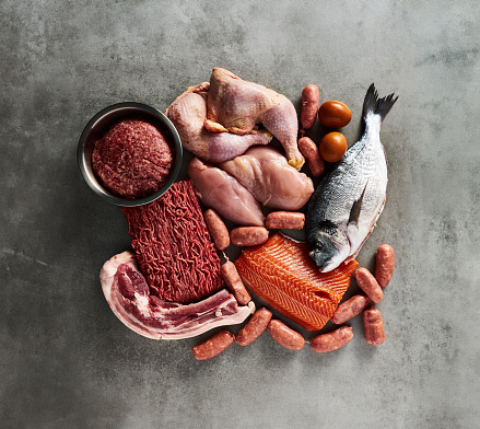 Carnivore diet or low carb diet background concept. Raw animal meat products beef, minced pork and sausages, chicken with dorado fish and salmon. Low car. High quality photo