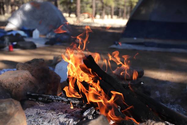 istock Campfire in a Fire Pit with Tents in the Background 1947274920