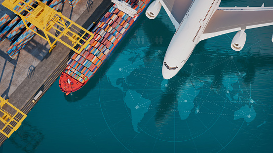 An aerial photograph of a transport system of a large passenger plane flying over a large cargo ship in a port. 3d, rendering, illustration,