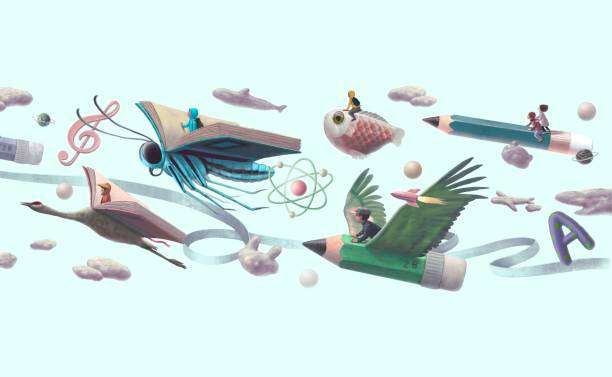 Untitled Artwork Education, book, reading, imagination, dream of children and back to school concept art. conceptual illustration. kids and animals. pics of a butterfly flying stock illustrations