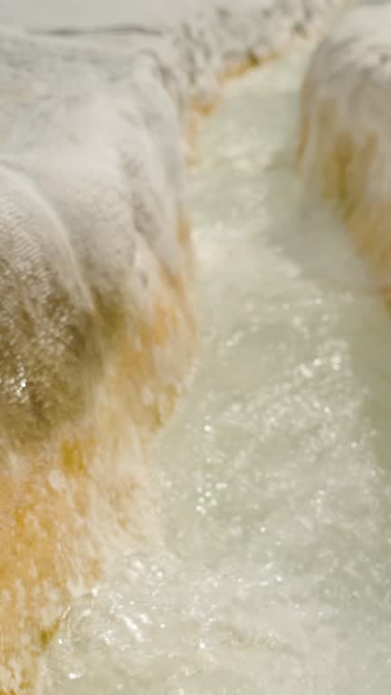 Vertical video. Calcite stalactites, a white stone channel resembling a canyon through which pure water flows from a spring, Pamukkale. In slow motion.