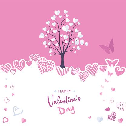 Embrace the magic of love with this enchanting Valentine's Day card template featuring a charming tree adorned with wise owls, fluttering butterflies, and a cascade of hearts. Celebrate the beauty of romance with this whimsical design.