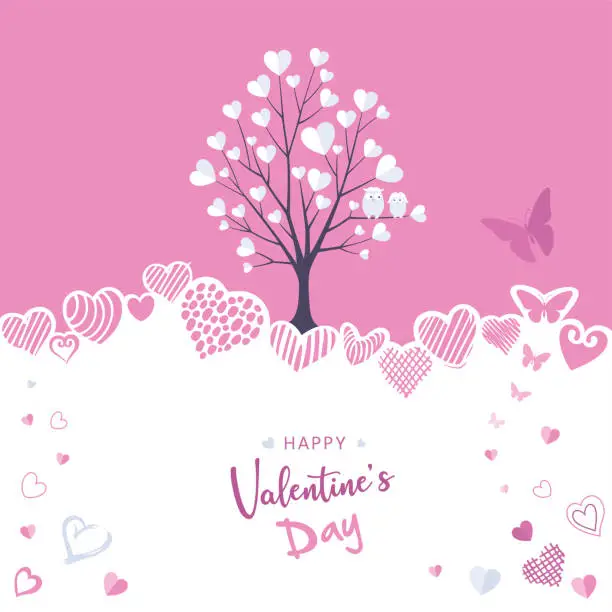 Vector illustration of Valentine's day greeting card template with tree, owls, hearts and butterflies.