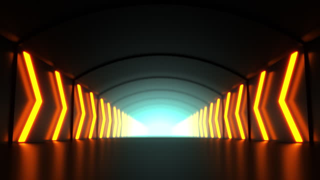 Seamless loop. Digital cyber tunnel with neon glowing direction arrows