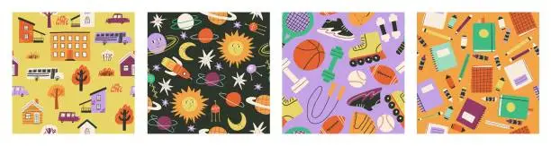 Vector illustration of set of seamless patterns on the theme of school. school, school subjects, sports, inventory. hand drawn vector illustration.