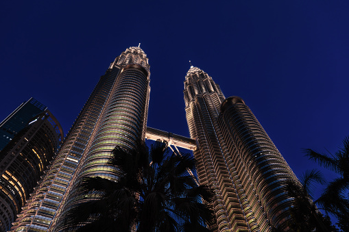 December 09, 2023. Kuala Lumpur, Malaysia. Twin towers in KL center. Petronas skyscrapers at night