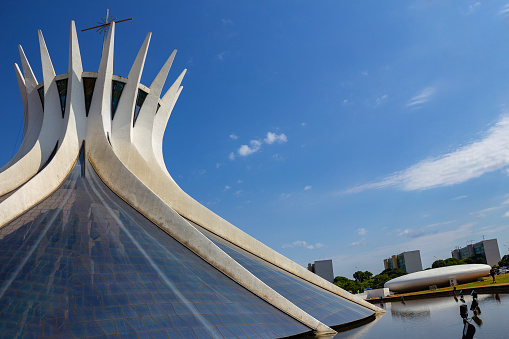 Brasília, Federal District, Brazil – November 26, 2023: Detail of the Metropolitan Cathedral of Brasília on a sunny morning and clear sky. (Our Lady of Aparecida Metropolitan Cathedral).
