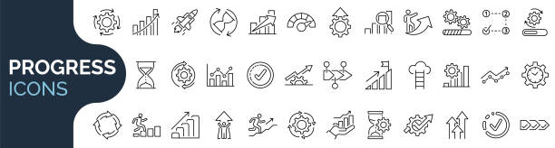 Set of outline icon related to progress, growth, efficiency. Linear icon collection. Editable stroke. Vector illustration