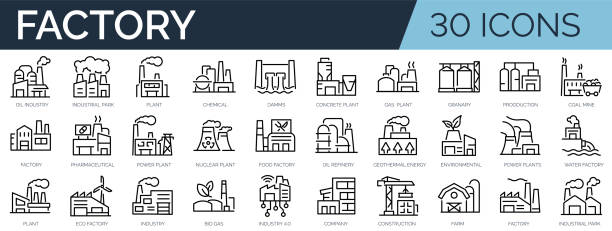 stockillustraties, clipart, cartoons en iconen met set of 30 outline icons related to factory, plants, industrial. linear icon collection. editable stroke. vector illustration - industrie
