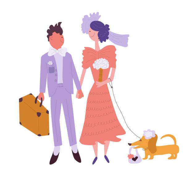 ilustrações, clipart, desenhos animados e ícones de viagem de lua de mel. os noivos estão em lua de mel. - honeymoon wedding married engagement