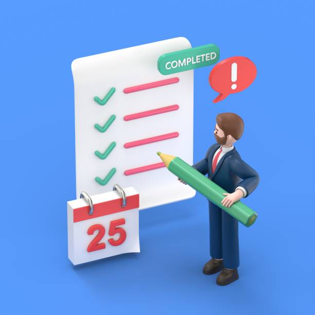 istock isometric 3D illustration on a blue background,3D illustration of bearded american businessman Bob with a pencil near a filled sheet of paper and a calendar, an exclamation mark and a button with the word completed 1947364794