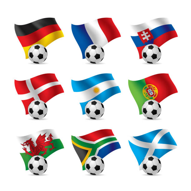 3D icon set of country flags with soccer balls isolated on white. Signs and symbols of championships and football competitions 3D icon set of country flags with soccer balls isolated on white. Signs and symbols of championships and football competitions. Vector illustration scotland football team stock illustrations
