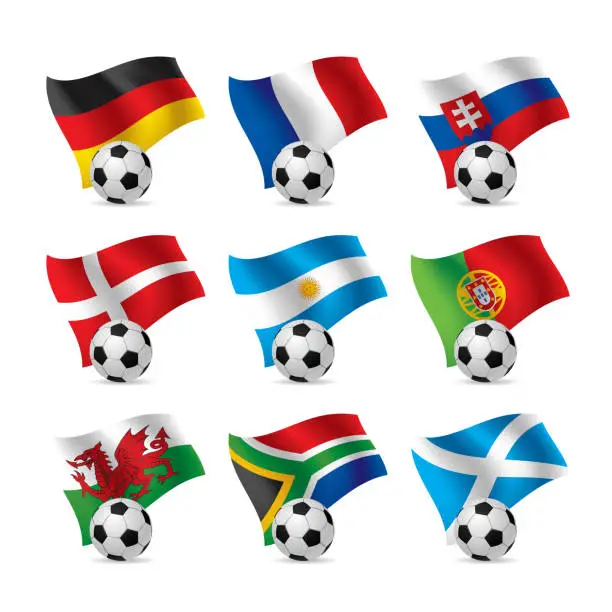 Vector illustration of 3D icon set of country flags with soccer balls isolated on white. Signs and symbols of championships and football competitions