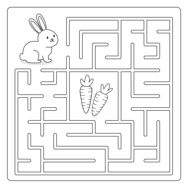 Easy maze game for kids with animal. Help the rabbit find the way to the carrot. Black and white Square maze with a solution. Coloring book easy black and white drawing stock illustrations