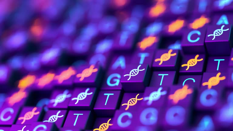 Seamless loop. Futuristic 3d background with DNA sequencing ATGC. Nucleic acid sequence. Genetic research. 3d illustration.