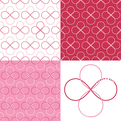 March 8 International Women's Day. Nomber 8 and infinity sign as a seamless pattern. An original artwork of Nomber 8 and Infinity sign. This inspirational flat image can be a postcard, party invitation, web banner, shop window, screen wallpaper, poster or flyer.