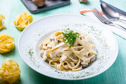 Studio photo of a beautifully plated and styled fettucine in  a white plate on a green wooden table