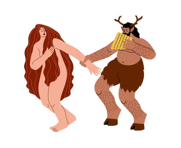 Vector illustration of A satyr plays the flute and catches a nymph.