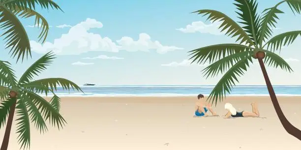 Vector illustration of Couple of lover at the beach and tropical blue sea vector illustration. Journey of sweetheart concept flat design.