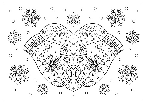 Mittens with heart and snowflakes coloring page. Creative coloring book design. Black and white vector illustration.