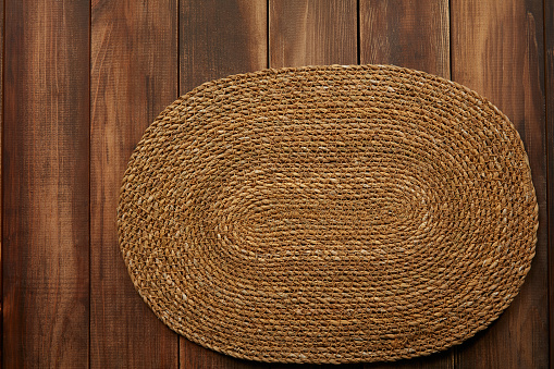 Different variants empty straw baskets isolated on white background. Wicker decor for bathroom top view