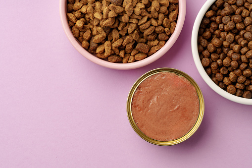 Cat food on pink background in studio close up