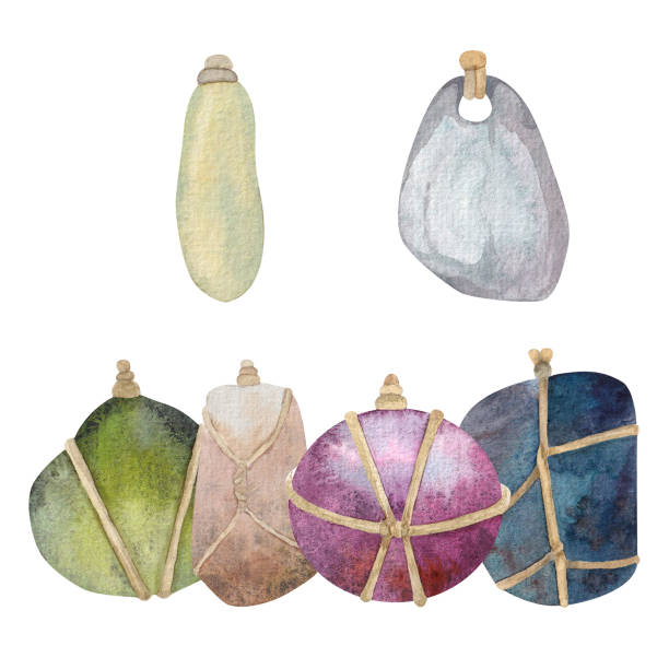 a set of stones for pendants, wrapped in rope. red, green, brown, blue, mother-of-pearl, stone. hand drawn in watercolors, cut out on white background - mother of pearl stock-grafiken, -clipart, -cartoons und -symbole