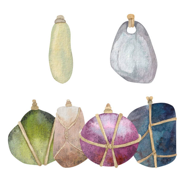 illustrations, cliparts, dessins animés et icônes de a set of stones for pendants, wrapped in rope. red, green, brown, blue, mother-of-pearl, stone. hand drawn in watercolors, cut out on white background - mother of pearl