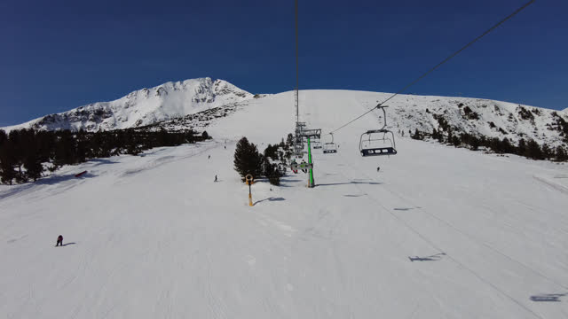 Four person ski chair lift in blue sky going up a mountain with skiers on the piste below