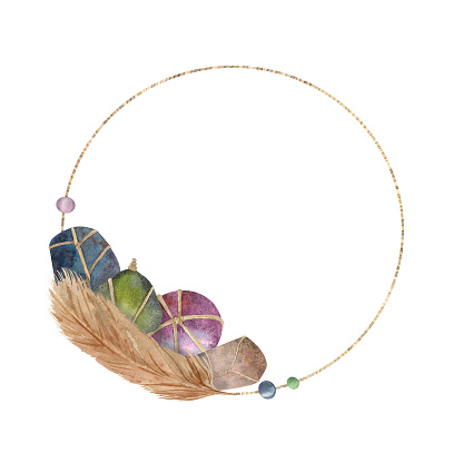 Magic stones feather thread with stones. Round necklace, banner, frame. Drawn in watercolor on white background
