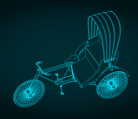 Stylized vector illustration of blueprint of three wheeled man-powered vehicle