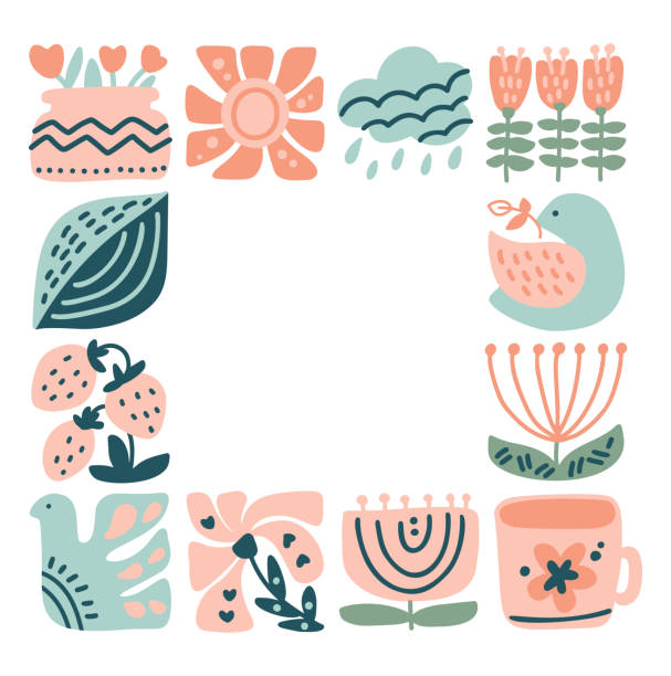 illustrations, cliparts, dessins animés et icônes de vector spring ethnic logo composition pattern frame tile mosaic of bird, flower, leaf, strawberry and branch. cute boho illustration in hand drawn constructor in square for scandinavian greeting card - 11911